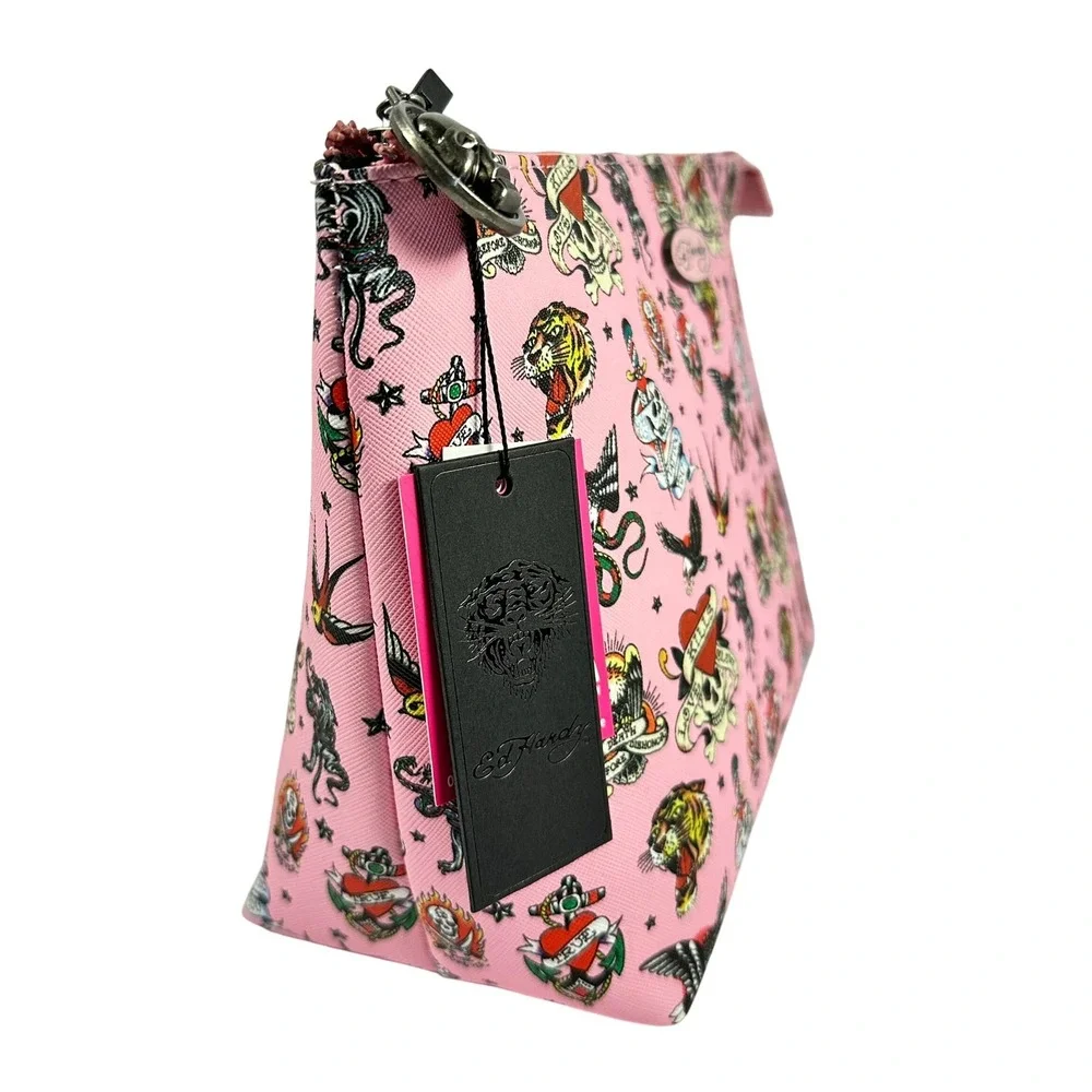 Ed Hardy Pink Tattoo Print Makeup Bag Skulls Tigers Pouch‎ NWT